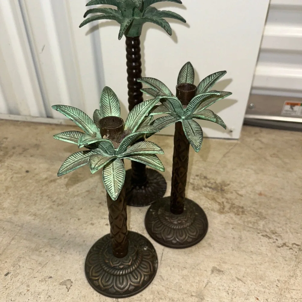 VTG Palm‎ Tree Candle Holders Set Brass 3 Bronze Metal Tropical Regency Decor